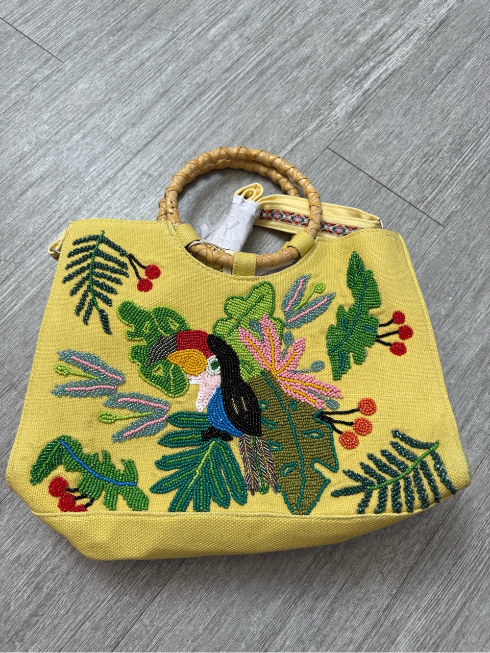 SOL and MER Beaded Toucan Tropical Canvas Tote Bamboo Handles NWT